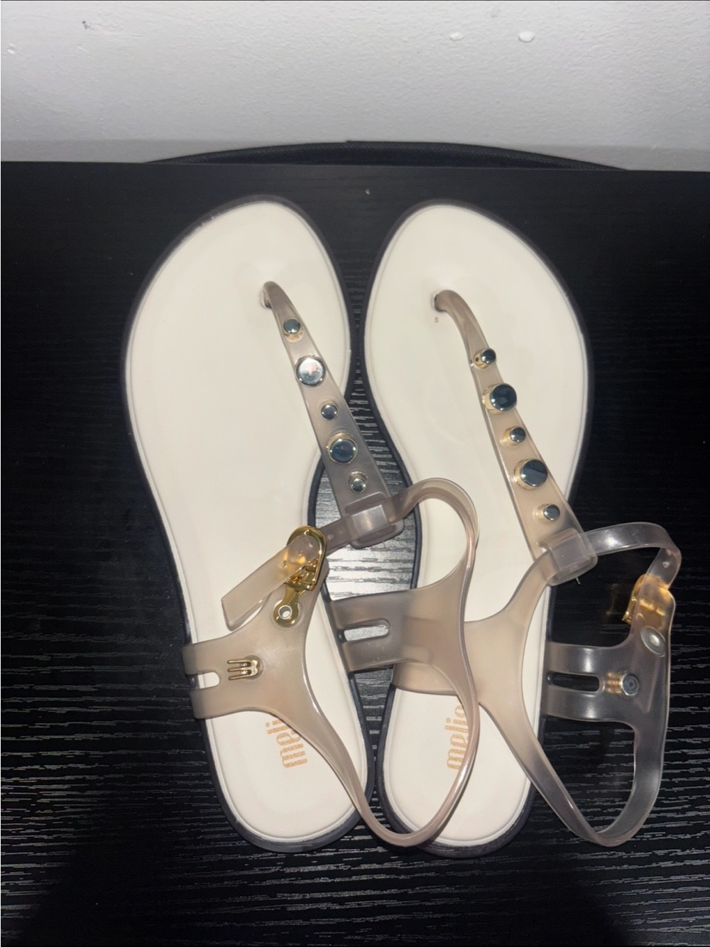 Melissa Clear Taupe T-Strap Jelly Sandals with Gem Accents